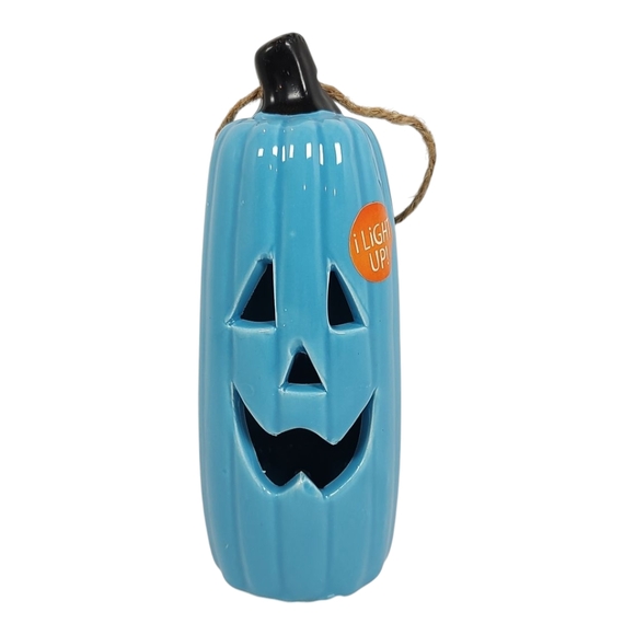 Light Pastel Baby Blue Hanging Ceramic Pumpkin Smiling Face Battery Operated - Picture 1 of 14
